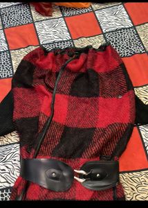 Red & Black Plaid Coat with Belt