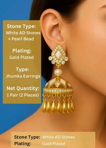 Gold Plated White Stone And Pearl Jhumka For Women