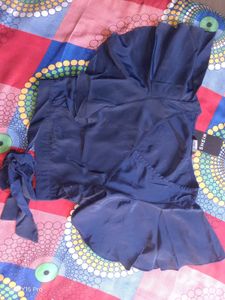 Stylish Navy Blue Ruffle Sleeve Top