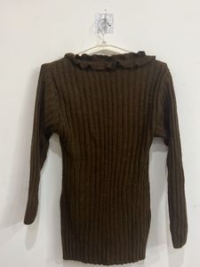 Brown Ruffle Neck Knit Top