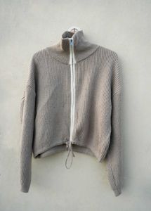 Beige Knit Zip-Up Sweater