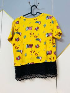 Max- Yellow Graphic Tee with Lace Hem