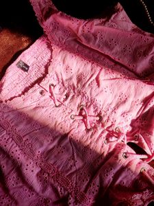 Pink Floral Eyelet Lace-Up Top