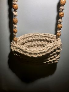 Hand Made Macrame Thread Off-white With Beads Handle Sling Bag