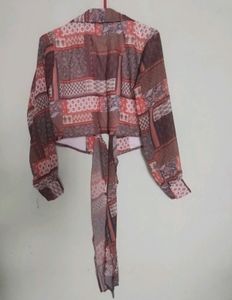 Brown And Red Geometric Printed Wrap Crop Top