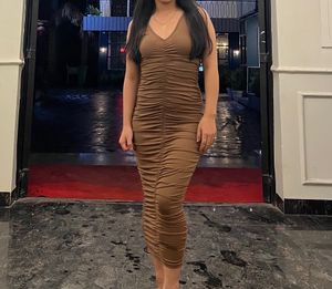 Brown Ruched Bodycon Midi Dress
