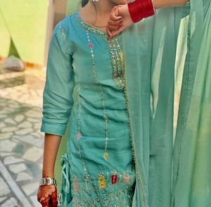 Teal Embroidered Sharara Suit Set