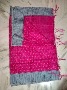 Pink &amp; Gray Silk Saree + Blouse