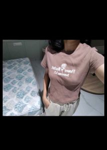 Brown Graphic Ribbed Crop Top –Flower Market Print