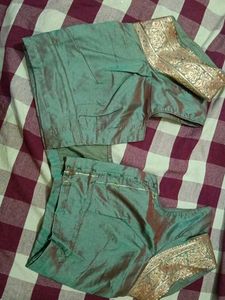 Green &amp; Gold Embellished Saree With Blouse