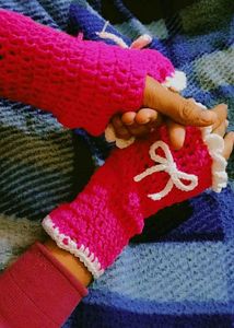 Pink Crochet Wrist Warmers with Bow