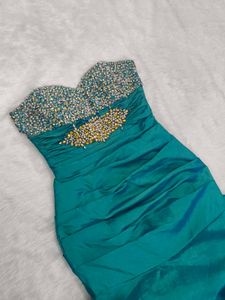 Teal Beaded Strapless Dress