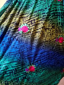 Floral Embroidered Blue &amp; Green Saree