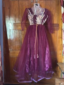 Maroon Embroidered Tulle Dress