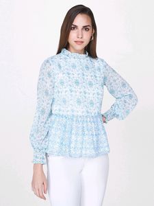 AND White Full sleeves With Floral Blue Design