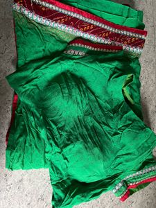 Embroidered Green &amp; Red Border Saree &amp; Blouse