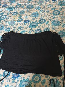 Chic Black Bardot Crop Top | Tie-Sleeve Off