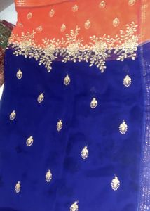 Royal Blue &amp; Orange Net Saree with GoldenEmbroidey