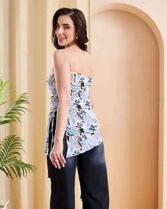 Strapless Slit Ruched Tie-Up Abstract Print Top