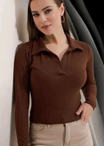 Brown Ribbed Long Sleeve Polo Top