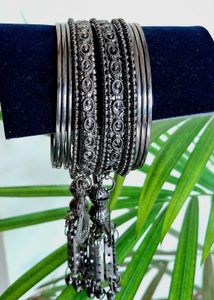 Oxidized Silver-Toned Jhumka Bangles Set