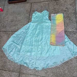 Girls Flare Aqua Party Dress With Duptta