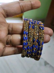 Blue & Gold Beaded Bangles (Set of 4)