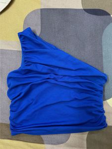 Blue One-Shoulder Ruched Top