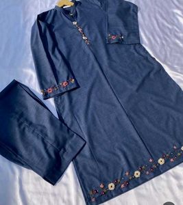 Embroidered Denim Kurta Set