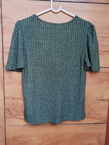 Green Ribbed Puff Sleeve Top