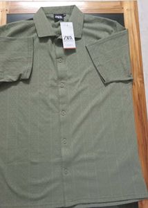 Zara Olive Green Patterned Button-Down Shirt