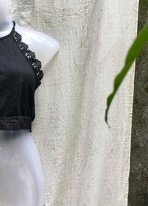 44156. Black Lace Trim Halter Top