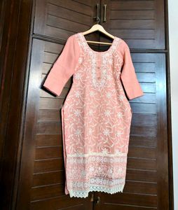 Women Peach Cotton Mix Chikankari Work Suit