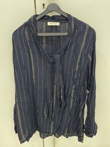 🌟M&amp;S Luxe Navy &amp; Gold Shimmer Top Tie-Neck Glam
