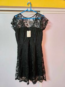 Elegant Black Lace Fit &amp; Flare Dress with Pearl De