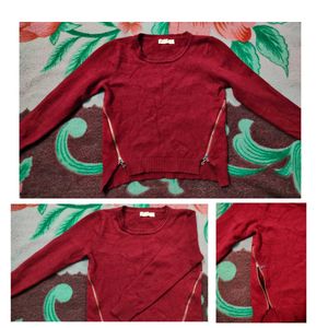 Maroon Winter Sweater Top With Zip Detailing