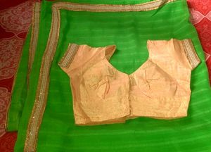 Saree With Pearl Border + Stitched Blouse