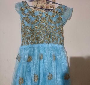 Long Blue & Gold Embroidered Party Dress