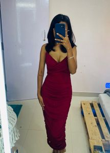 Burgundy Ruched Bodycon Midi Dress