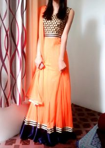 Orange Anarkali Suit With Velvet Border