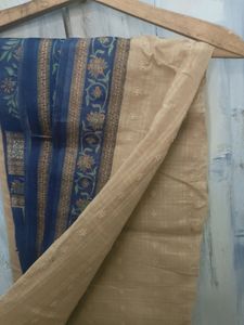 Nude Saree With Blue Border