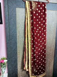 Stitched Designer Maroon &amp; Gold Sequins Suit Set