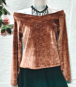 🎁Buy 2 Get 1 Free 🎁Brown Velvet Off-Shoulder Top