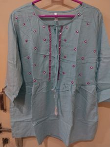 Baby Blue Colour Top With Pink Embroidery Design