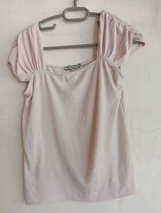 Cute Pink Puff Sleeve Ribbed Top