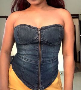 Denim Zip-Up Corset Top