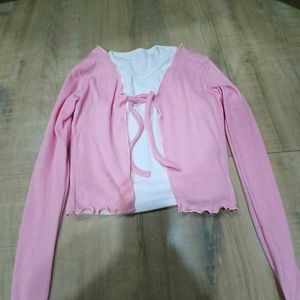 Pink Tie-Front Cardigan Combo Set