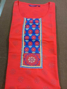 Red Kurti With Blue Patchwork