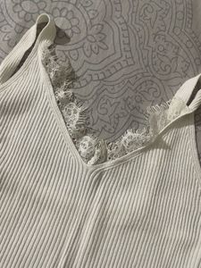 Ribbed V-Neck Camisole with  Lace Trim