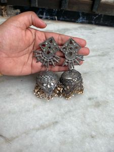 Trendy Mirror choker And Long Oxidise Jhumka
